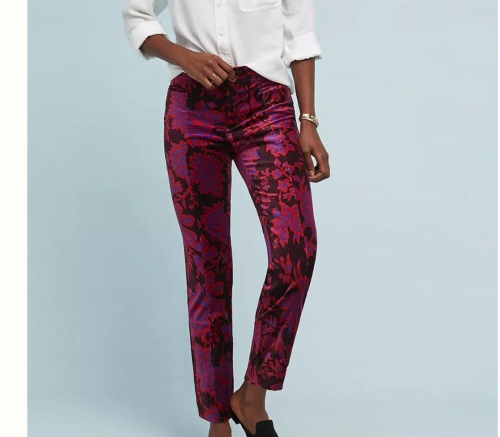 Anthropologie Essential Slim Velvet Floral Pants Brown Red Purple 2